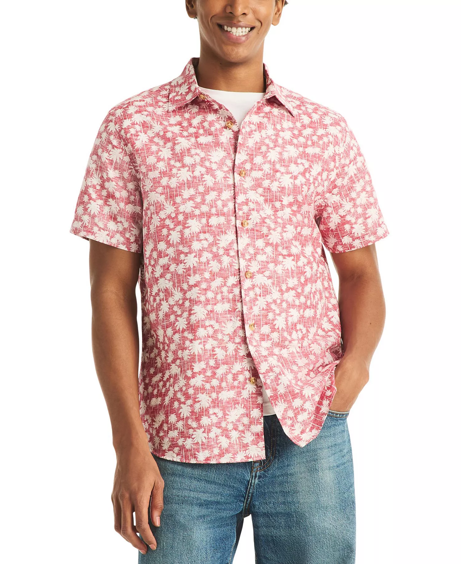 mni-d7a7a3cf5dca8218e99baced27e5ede5 Men's Reverse Palm Tree Printed Linen Short-Sleeve Shirt