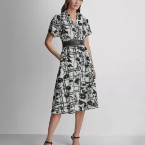Women's Short-Sleeve Collared Neck Belt Midi Shirtdress