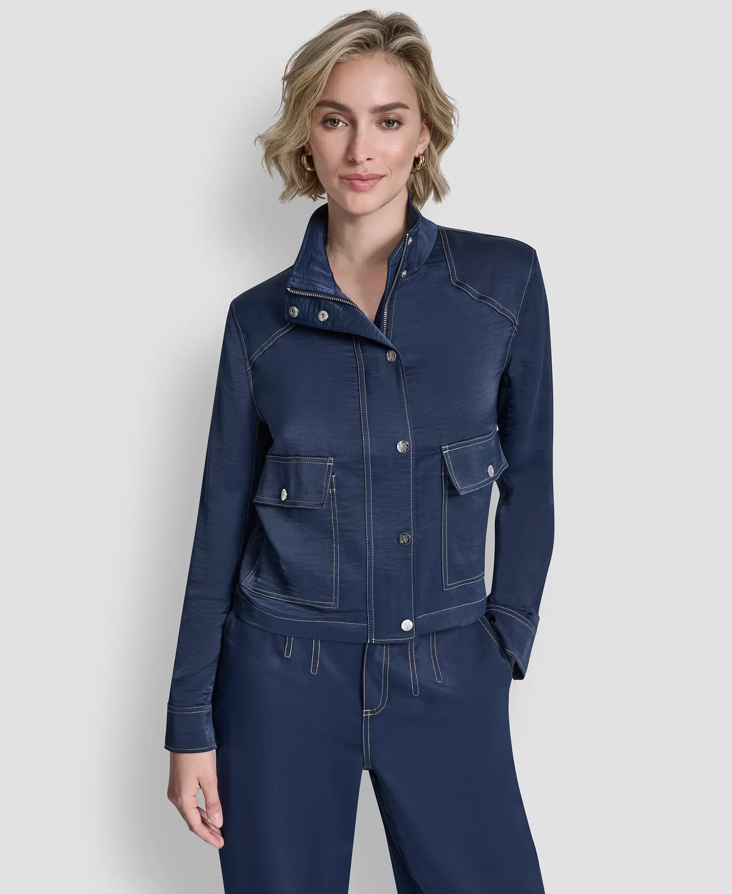 mni-d89d4b88d8f9666ac569f08c1b36301b Women's Top Stitch Glazed High Mock Neck Dressing Jacket, Glazed Dressing Trousers and Long-Sleeve Exposed Seam Mesh Top with Sleeveless Camisole — изображение 3