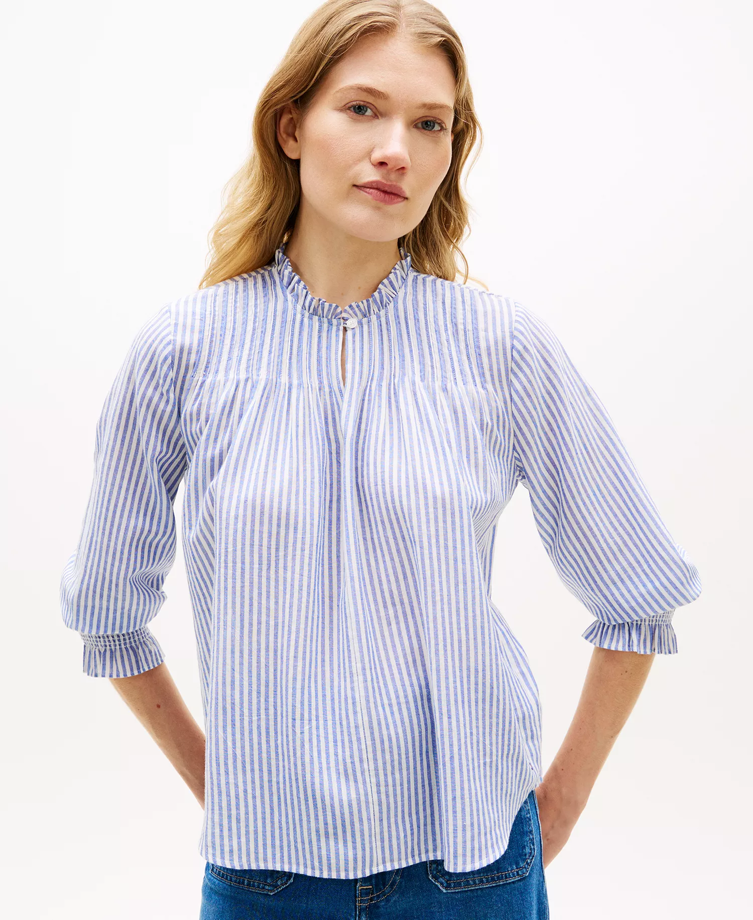 mni-d8c4ab6c35efb8a0bec7d816acd4807b Women's Pin Tuck Cambric Ruffle Collar Blouse