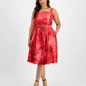Plus Size Jacquard Belted Fit & Flare Dress