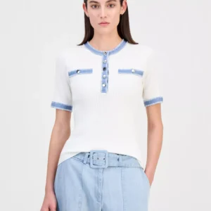 Women's Denim-Trim Ribbed Short-Sleeve Top
