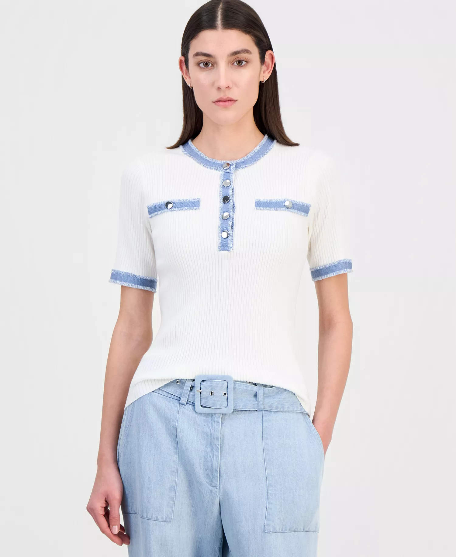 mni-d952b1423824ba3e699c2cfd4ff2aba1 Women's Denim-Trim Ribbed Short-Sleeve Top