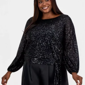 Plus Size Sequin Blouson-Sleeve Top