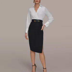 Women's V-Neck Belted Contrast Wrap Sheath Dress