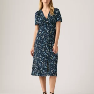 Plus Size V-Neck Button-Front A-Line Midi Dress