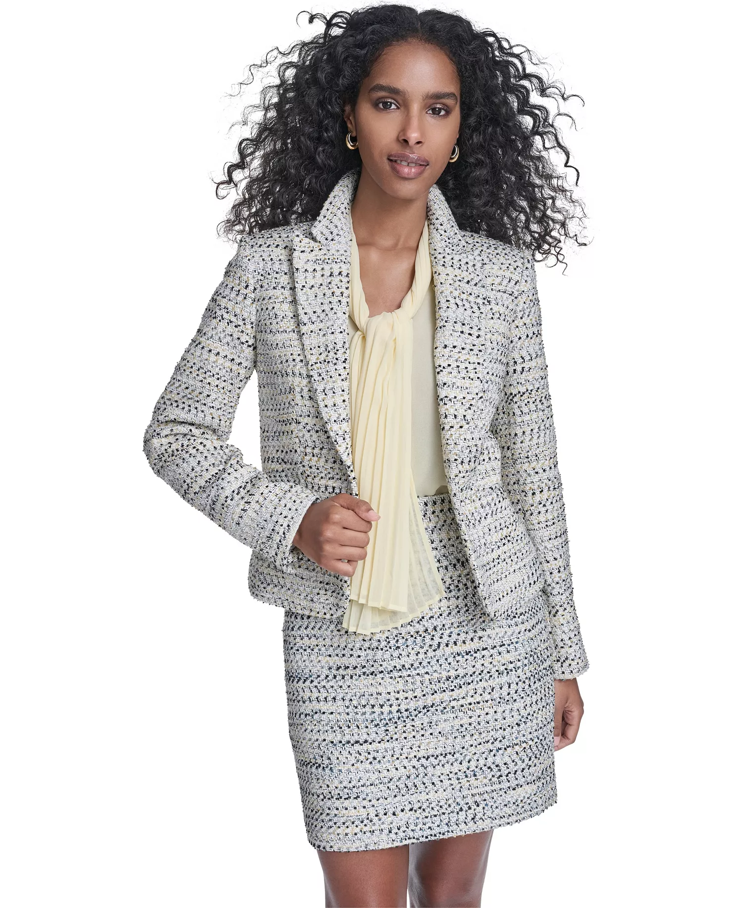 mni-e0f8d9ebf6ae81750bc84d9fe7332346 Women's Tweed Open-Front Jacket, Sleeveless Chiffon V-Neck Top, and Tweed Short Pencil Skirt