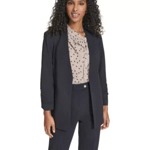 Women's Scuba Crepe Long Sleeve Jacket, High-Waist Modern Fit Pants and Textured Tie Neck Top