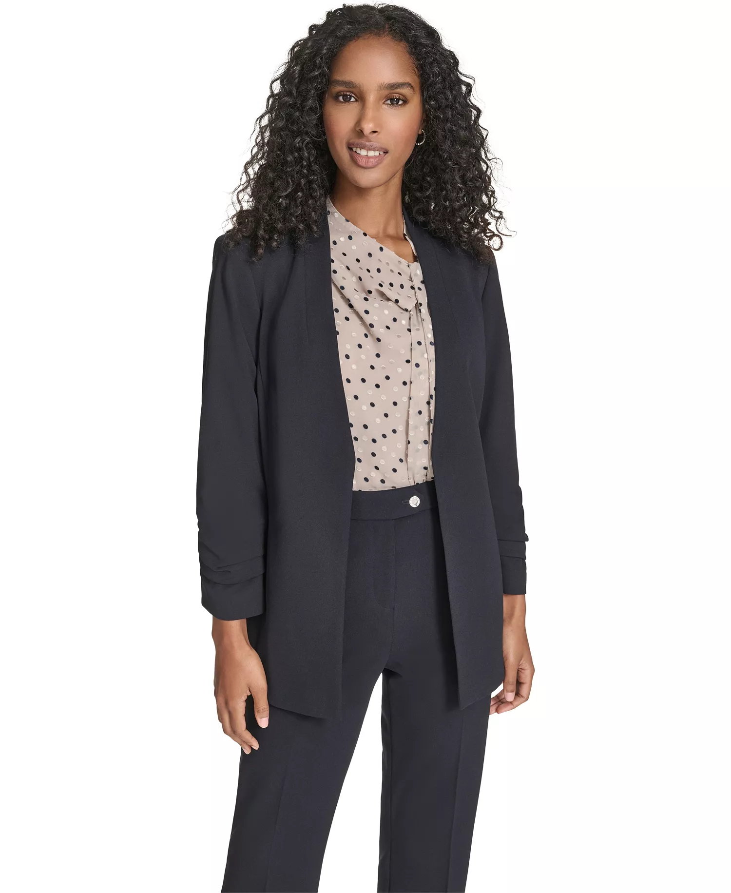 mni-e1f1ef04cd4b240e7505f9816d3c9b17 Women's Scuba Crepe Long Sleeve Jacket, High-Waist Modern Fit Pants and Textured Tie Neck Top