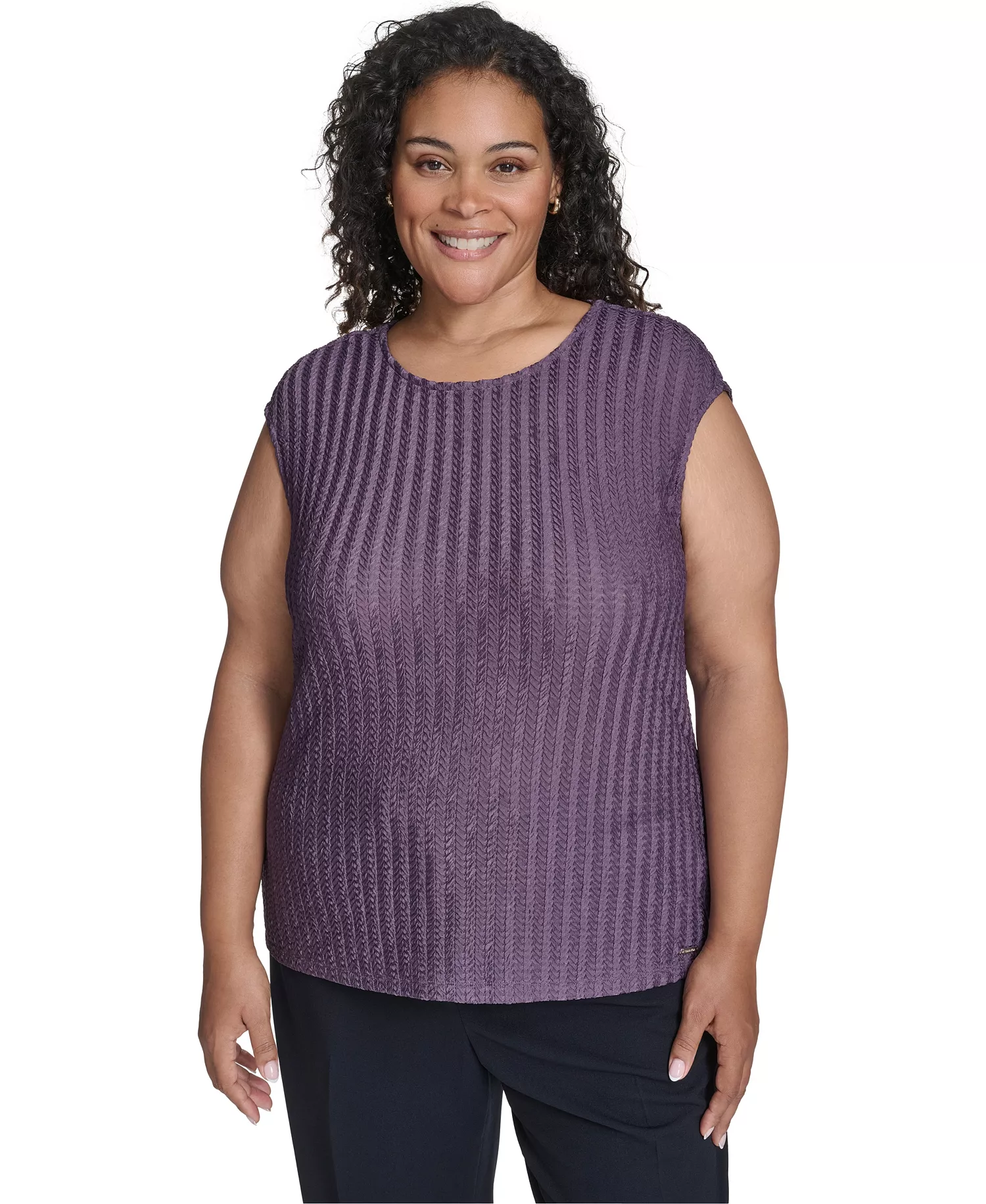 mni-e25f5b60250cf0ffe52d9b7e0fad108e Women's Plus Size Cap Sleeve Textured Knit Top