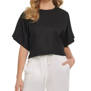 Linen Drop Shoulder Short Sleeve Top
