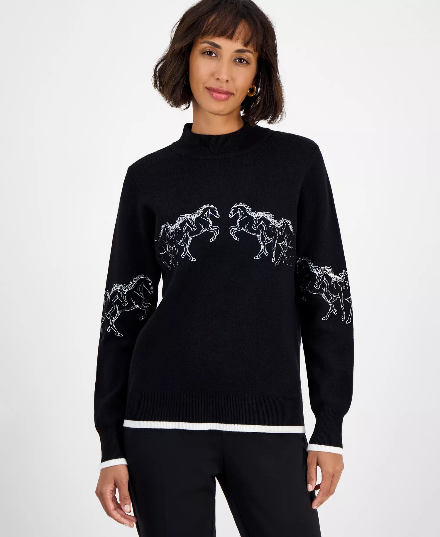 mni-e33a89f9e6ad23955475a7c7a9131f31 Women's Mock-Neck Embroidered-Horse Sweater