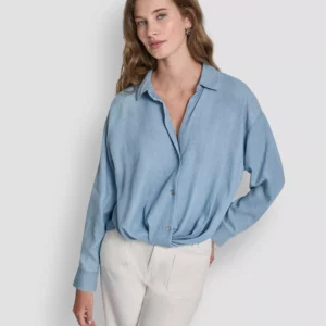 Women's Long-Sleeve Button Front Shirt With Twist Hem