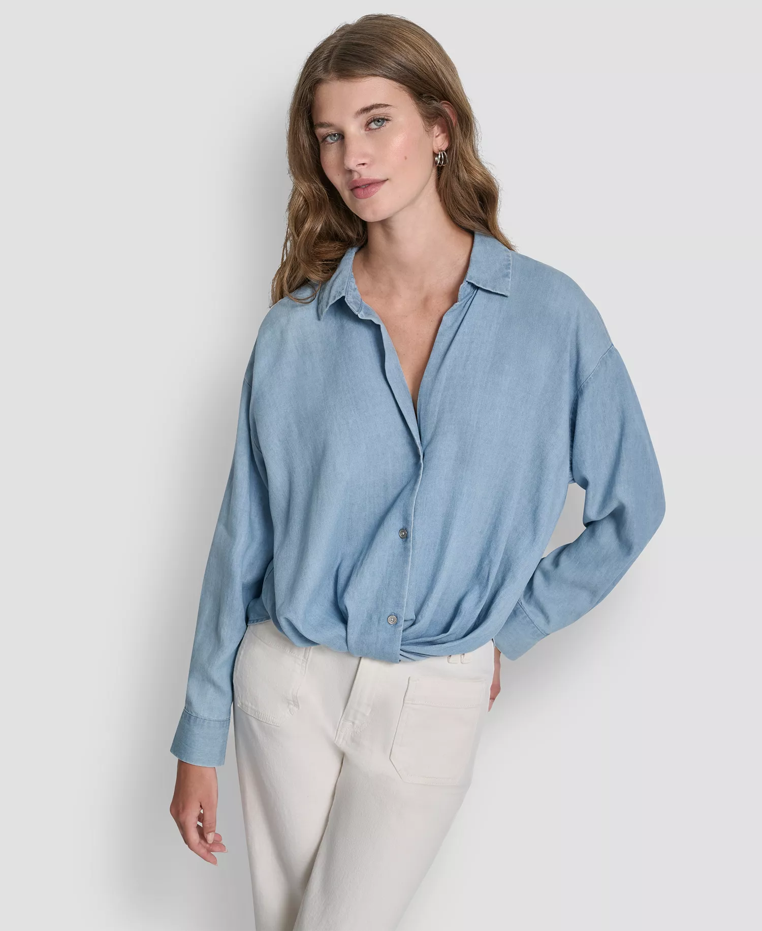 mni-e383b0c9344b9cb75233eb49387f6dbf Women's Long-Sleeve Button Front Shirt With Twist Hem