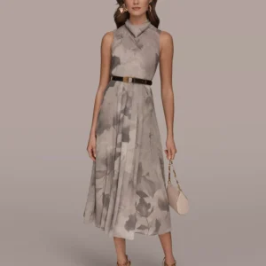 Women's Sleeveless Cowl Neck Floral Print Belted A-Line Midi Dress