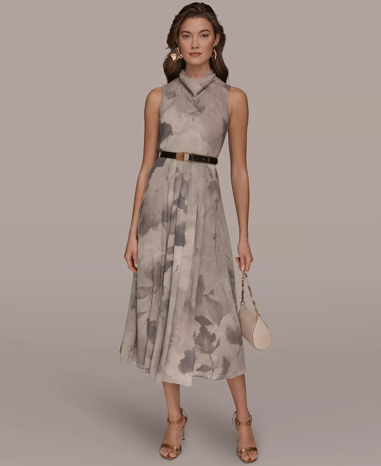 mni-e4294053005abf0ee867922195a939c8 Women's Sleeveless Cowl Neck Floral Print Belted A-Line Midi Dress