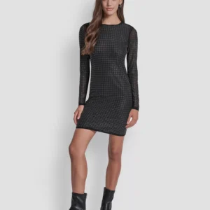 Women's Dome Studs Mesh Long Sleeve Dress