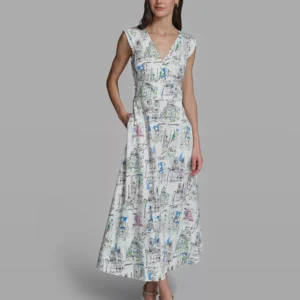Women's Sleeveless V-Neck Printed Midi Dress