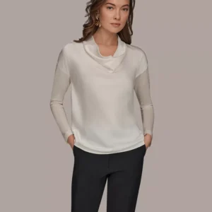 Women's Long-Sleeve Mix Media Cowl Front Top