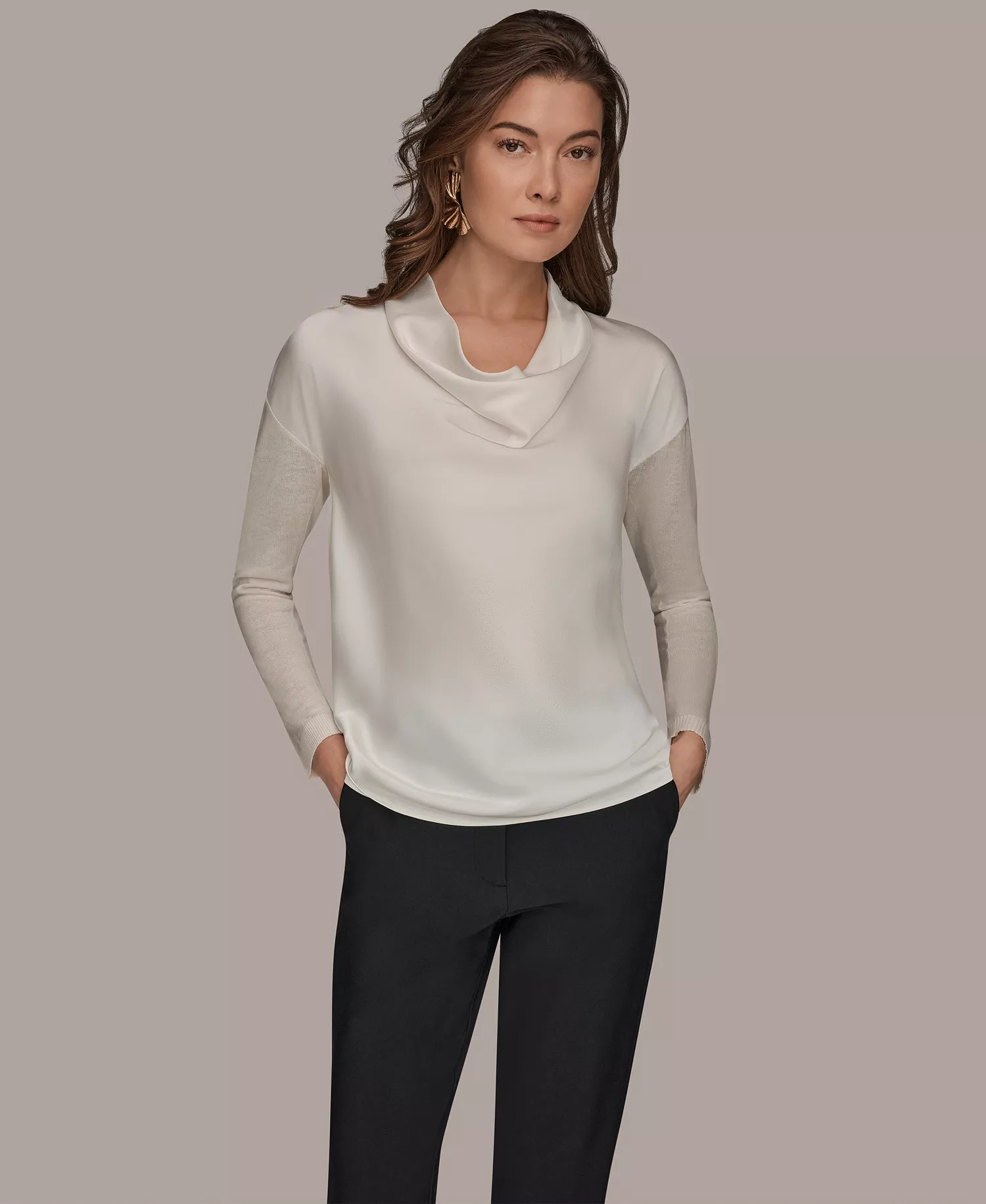 mni-e64624e5af0673dcc5a95642ab172468 Women's Long-Sleeve Mix Media Cowl Front Top