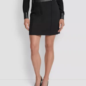 Women's Seamed Faux-Leather Trimmed Skirt
