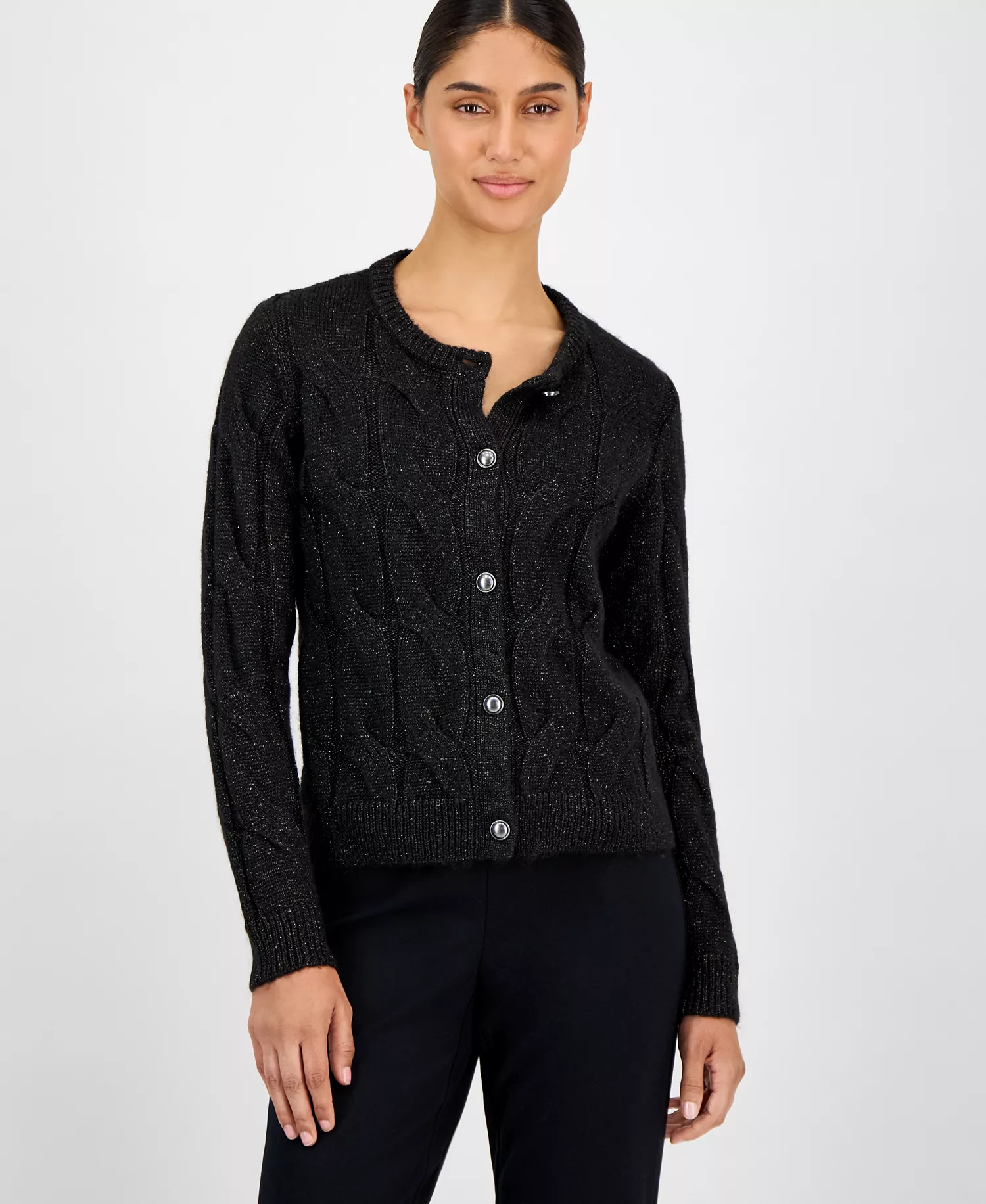 mni-e977c23237aed000f488b858736a540f Women's Metallic Cable-Knit Cardigan
