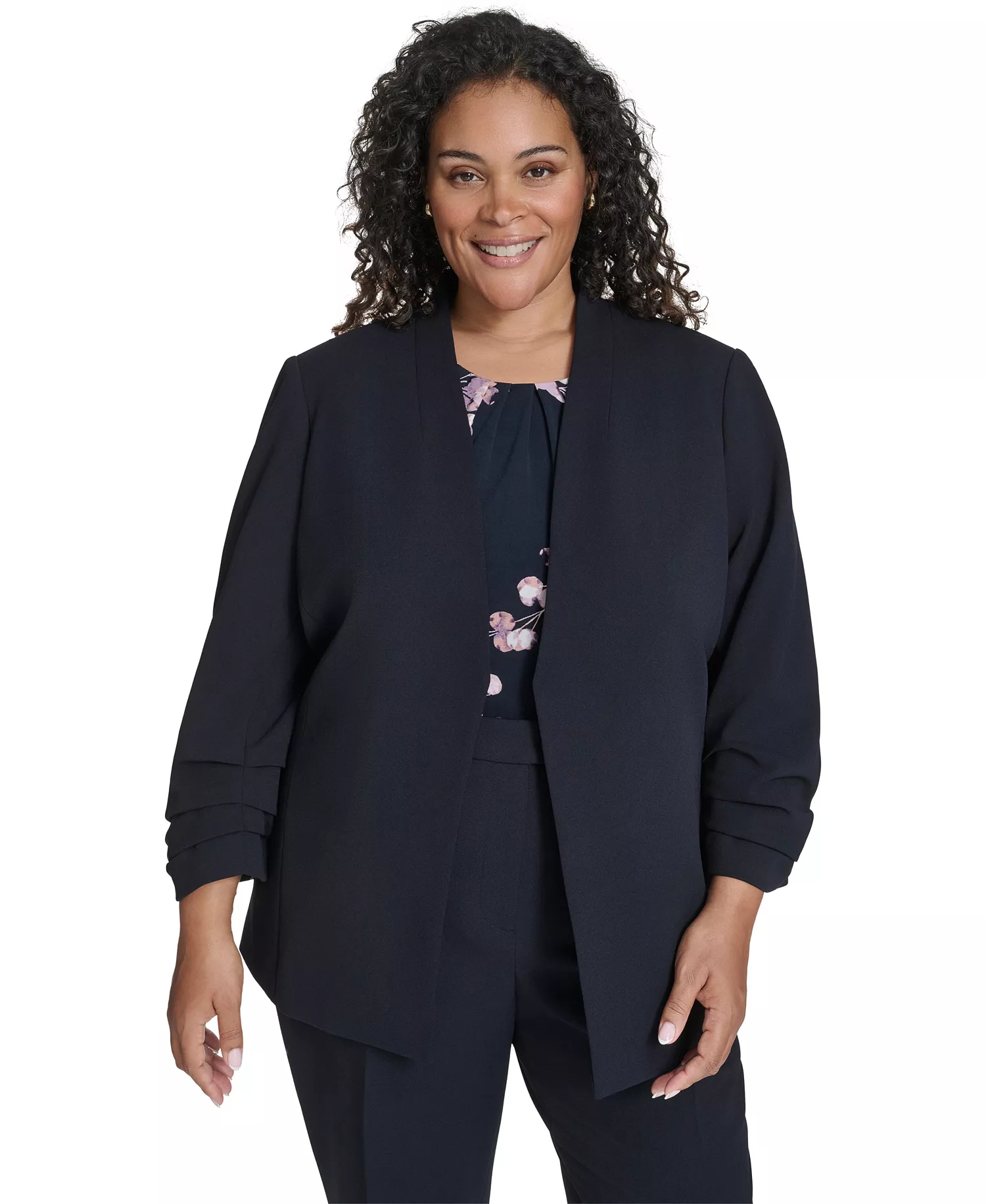 mni-e97a45b405e876a2ab8a92f27e4e8f0f Women's Plus Size Collarless 3/4-Sleeve Blazer