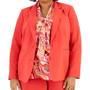 Plus Size Two-Button Jacket, Swirl-Print Bow Blouse & Pants