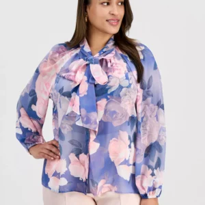 Plus Size Printed Ruffle-Tie Long-Sleeve Blouse