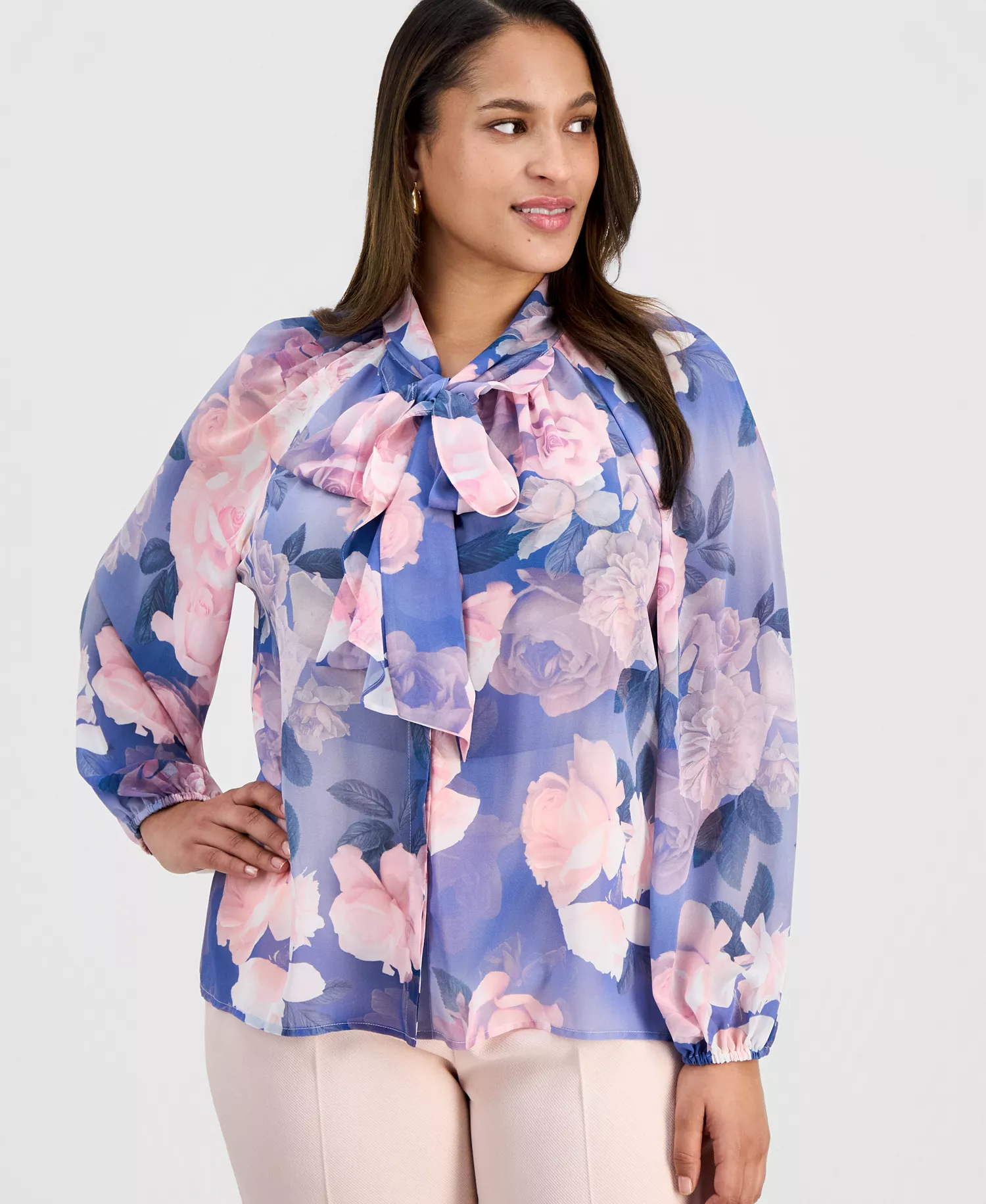 mni-ecb9f536ab9f5d7aae7ecbc7f11c2e9c Plus Size Printed Ruffle-Tie Long-Sleeve Blouse
