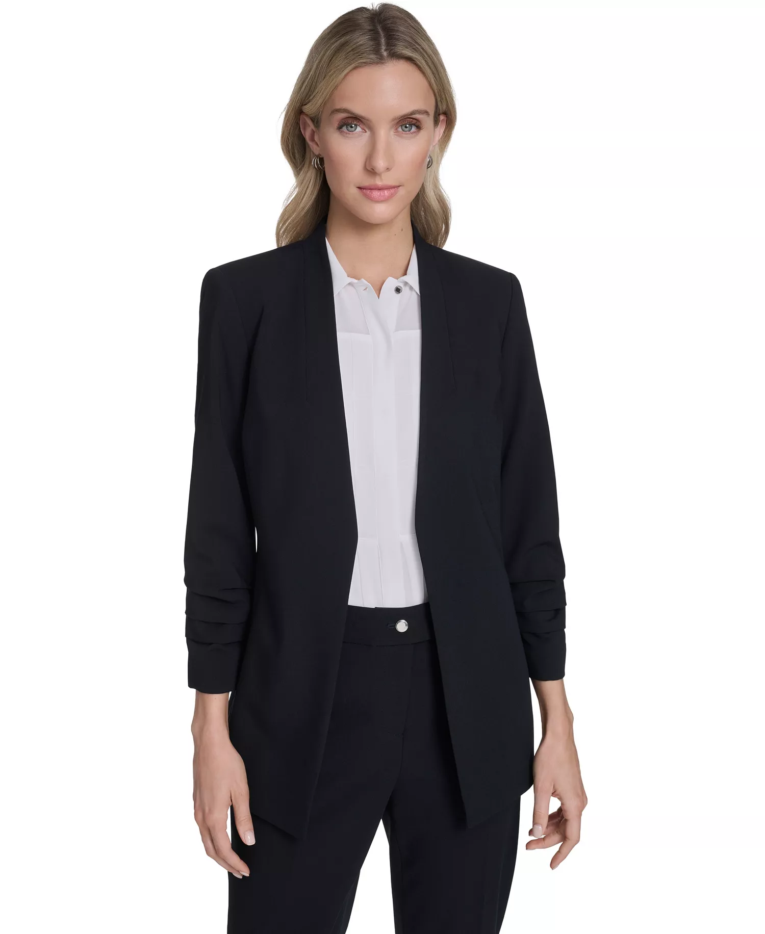 mni-ecd35bac3c38e69dd086ed29433bc653 Women's Textured Ruffle Neckline Top, Open Front Ruched Sleeve Jacket, and Modern Fit Pant