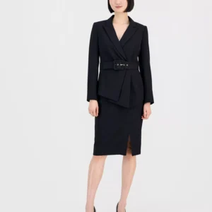 Women's Asymmetrical Belted Jacket & Pencil Skirt Suit Set