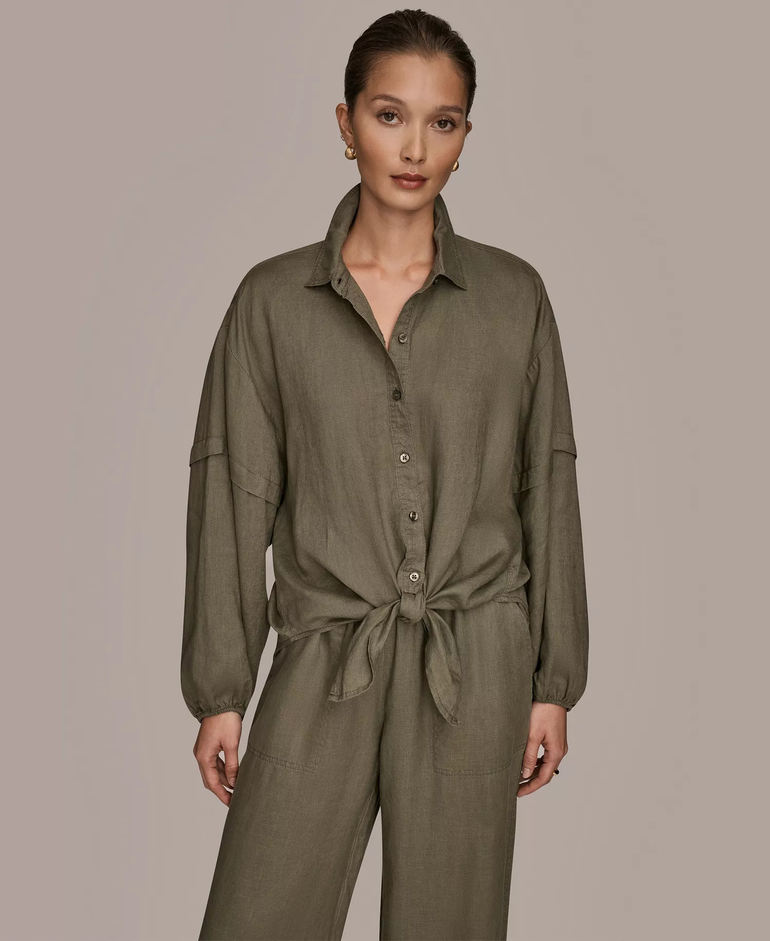 mni-eda476948241dd721e0f1631c5cabd15 Women's Linen Long Blouson Sleeve Button Adjustable Tie Shirt — изображение 3