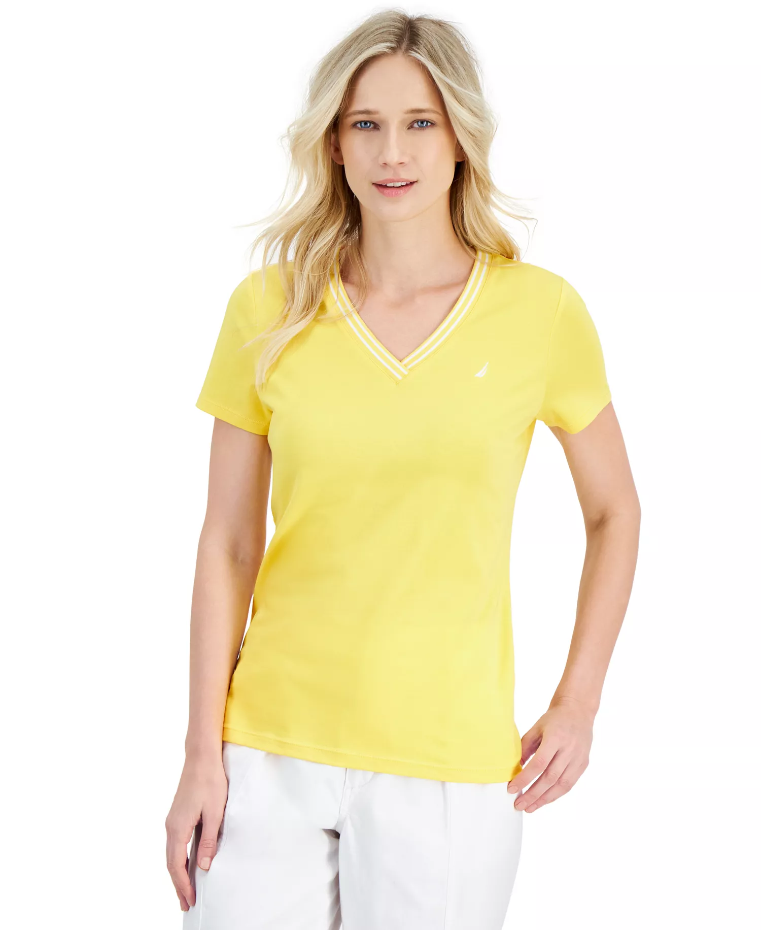 mni-ee10004760e5f894775a3bfc89ad85ae Women's Solid Stripe-Trim V-Neck — изображение 4