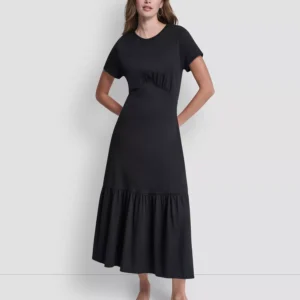 Women's Ruched Bodice Crew Neck Tier Long Dress
