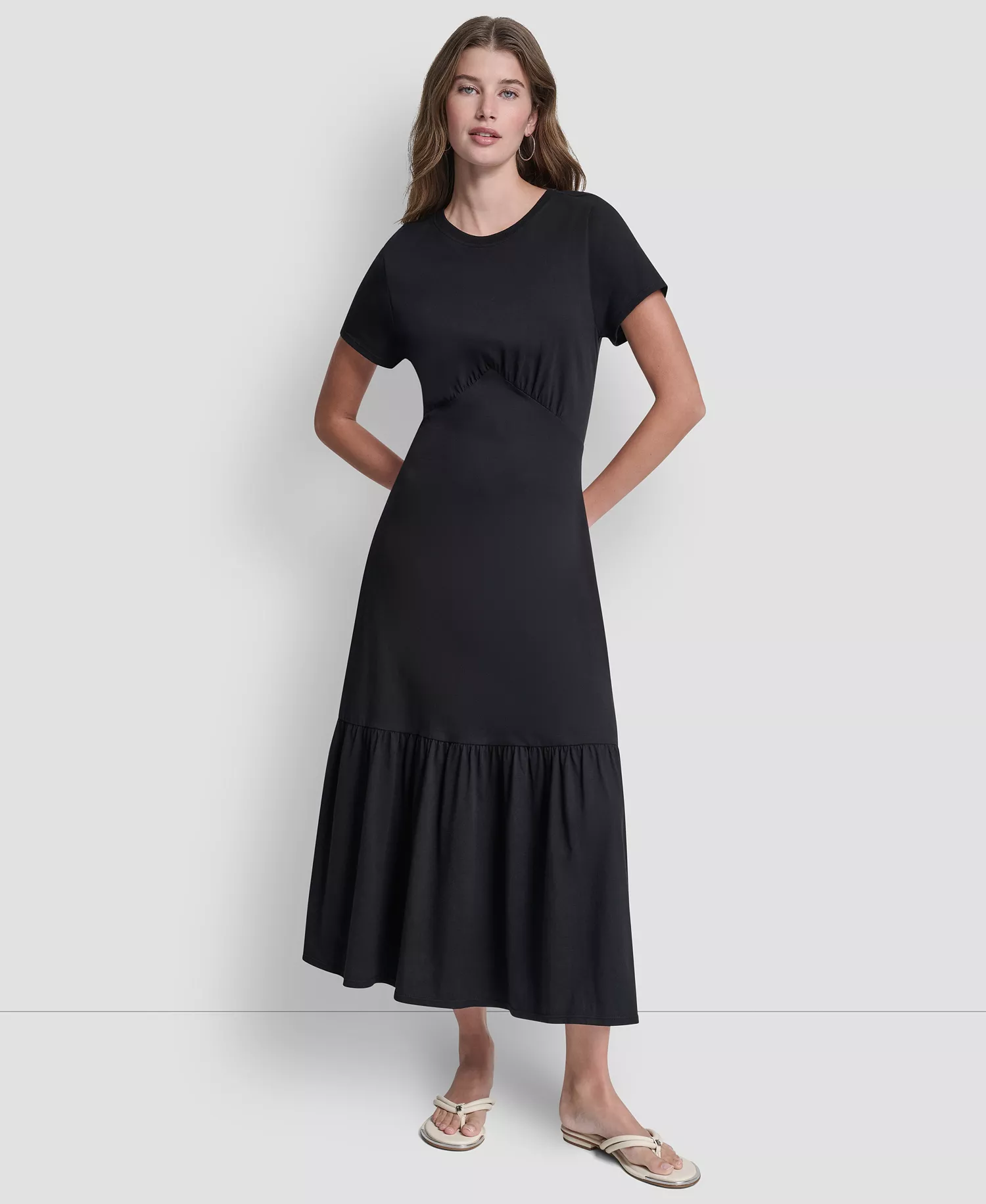 mni-eedd250fa594c969daab920417da16c0 Women's Ruched Bodice Crew Neck Tier Long Dress