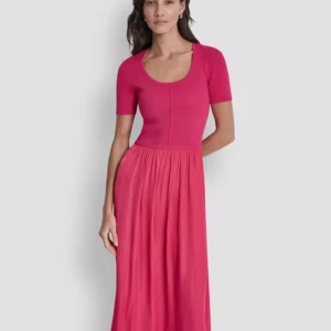 Women's Short-Sleeve Mixed Media Midi Sweater Dress