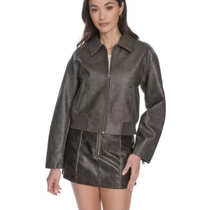 Women's Faux Leather Lightweight Bomber Jacket