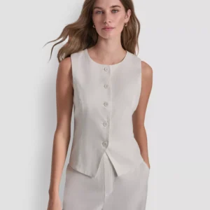 Women's Linen-Blend Crewneck Button-Front Vest