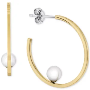 Gold-Tone Glass Pearl Medium Hoop Earrings , 1.2"