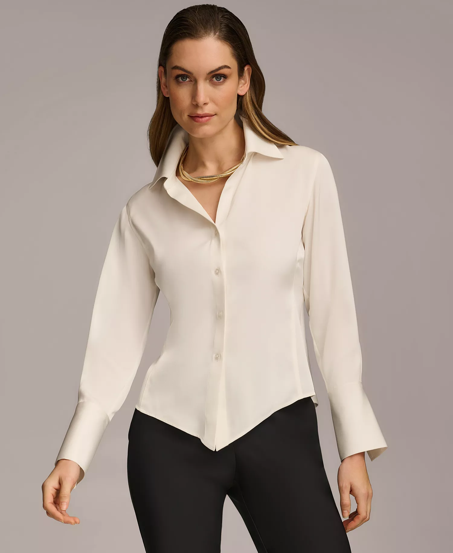 mni-f45f7454f94c81394121d168f4ef3330 Petite Button Front Point Hem Top — изображение 3