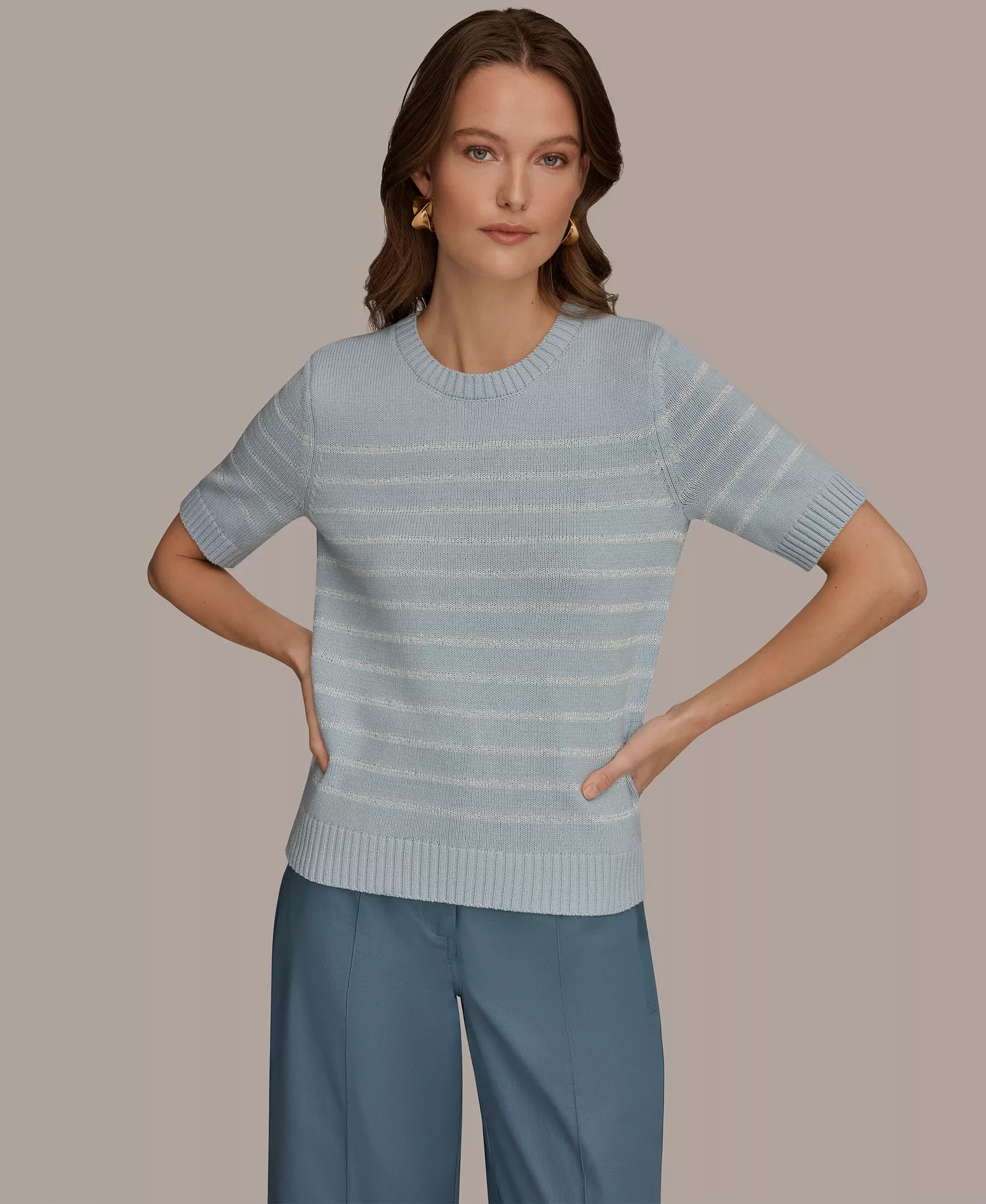 mni-f4a121eb43aeb8f8185b33214edd5870 Women's Elbow-Sleeve Crew Neck Striped Sequin Sweater — изображение 3