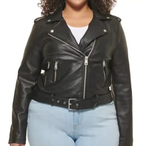 Plus Size Faux Leather Belted Motorcycle Jacket