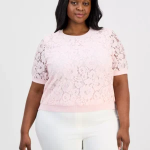 Plus Size Lace-Front Short-Sleeve Sweater