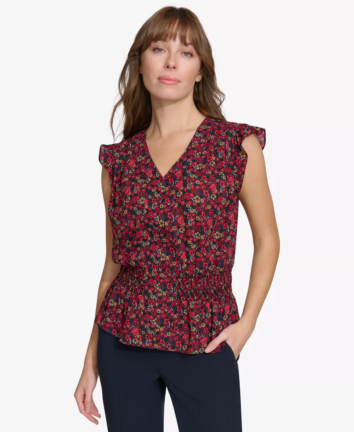 mni-fa106d3c48102b1c9d56691dfee83372 Women's Printed Smocked Cap-Sleeve Top