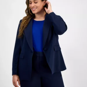 Plus Size Single-Button Crepe Blazer, Knit T-Shirt & Wide-Leg Pants
