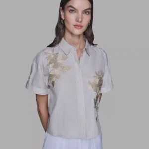 Women's Striped Floral Detail Top
