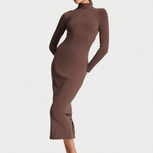 shapewear by victoria smoothing rib long sleeve turtleneck maxi dress