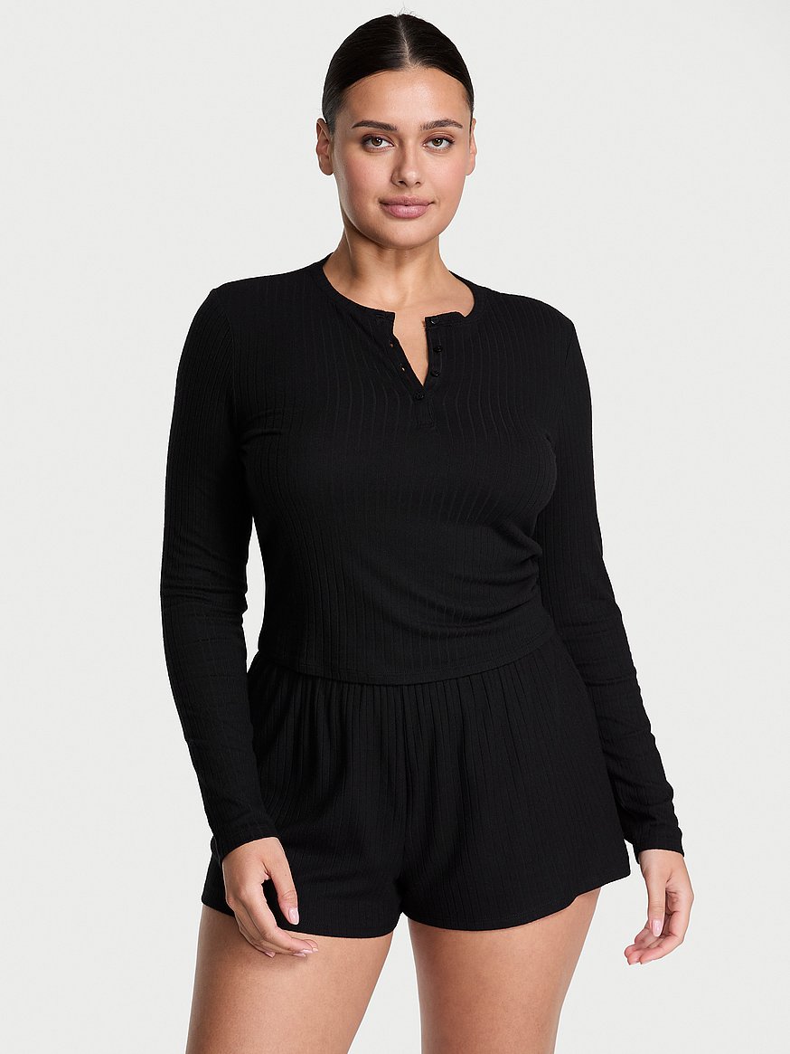 sosoft™ modal wide rib long sleeve henley & shorts set sosoft™ modal wide rib long sleeve henley & shorts set