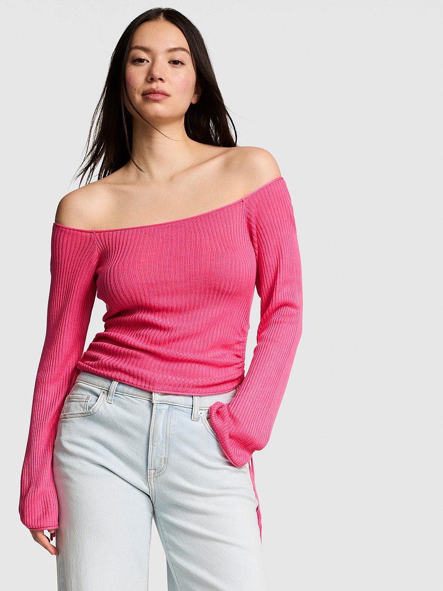 side ruched off the shoulder sweater side ruched off the shoulder sweater